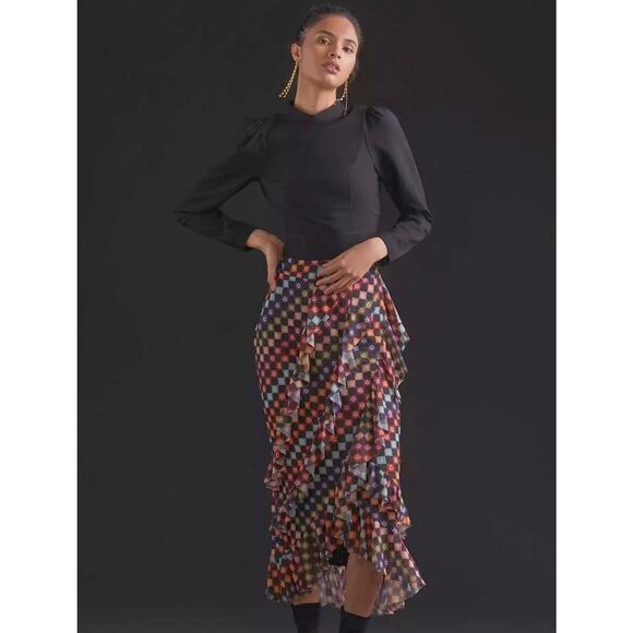 FARM RIO Mesh Check Midi Maxi Ruffle Tiered Skirt Anthropologie S NWT $160 - Picture 1 of 11